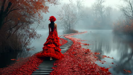 woman in red dress walks along misty lakeside pathway covered in leaves