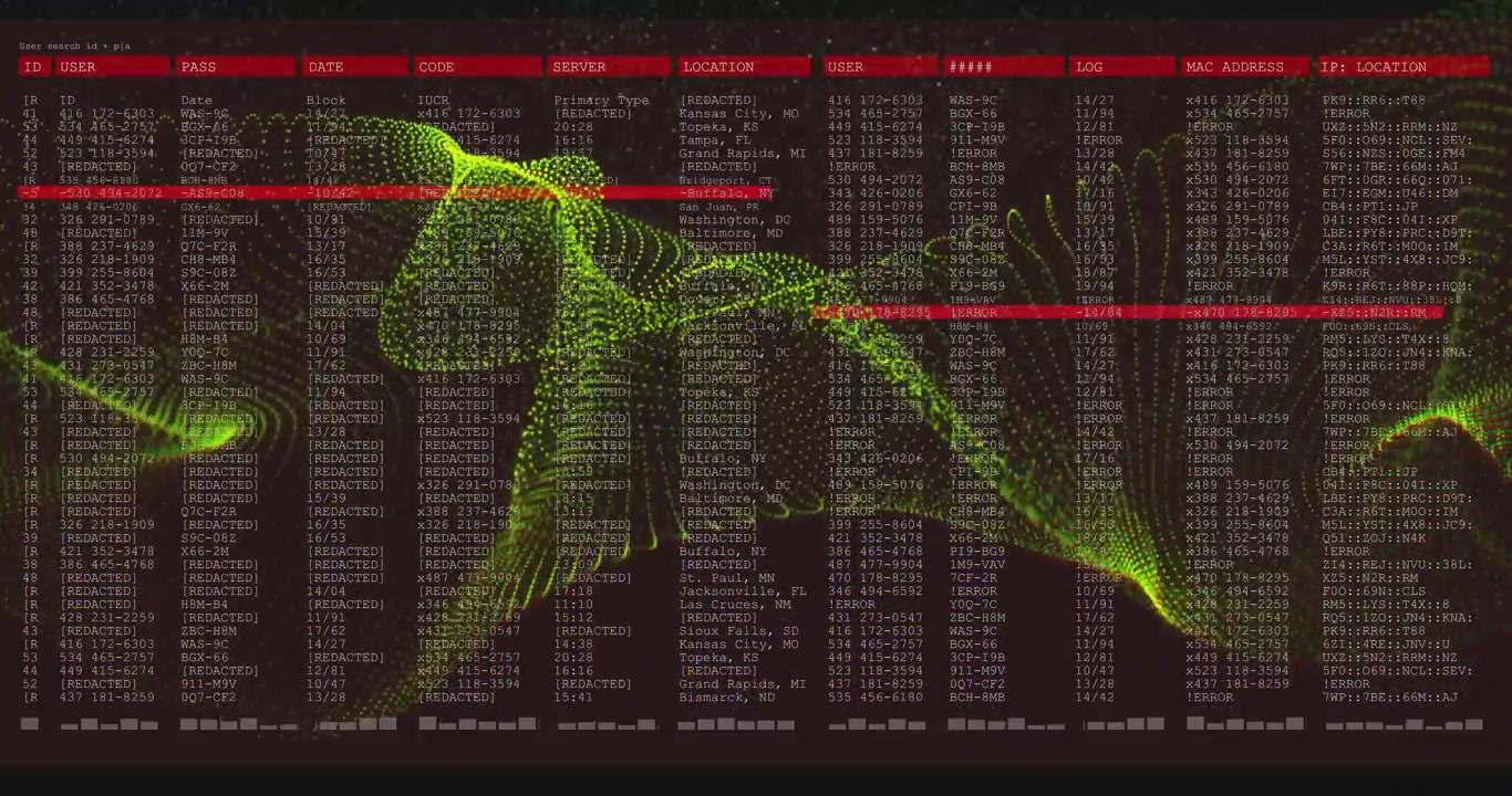 Opening dark UI showing green mesh wave undulating right over code, red scan bar highlighting data