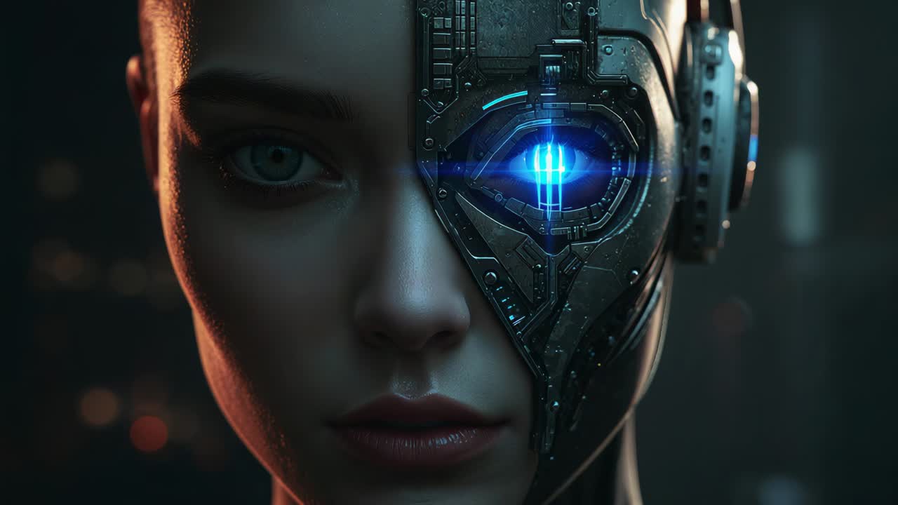 Allontanamento della telecamera che rivela il volto e il busto di un cyborg in un hangar, con un occhio cibernetico blu pulsante