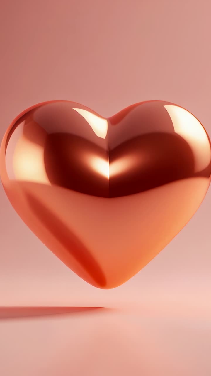 Video verticale: cuore lucido color rame fluttuante che si solleva in studio mentre la camera zooma per mostrare la lucentezza