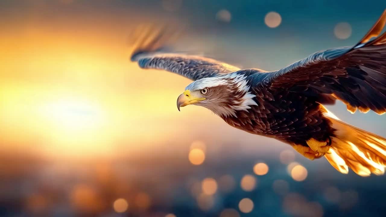 Majestic Bald Eagle in Flight Against a Golden Sky