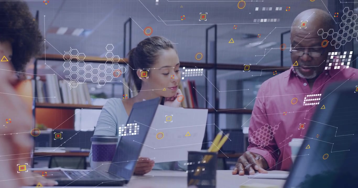 Woman studying paper and senior man pointing, overlay starting, linking documents business review