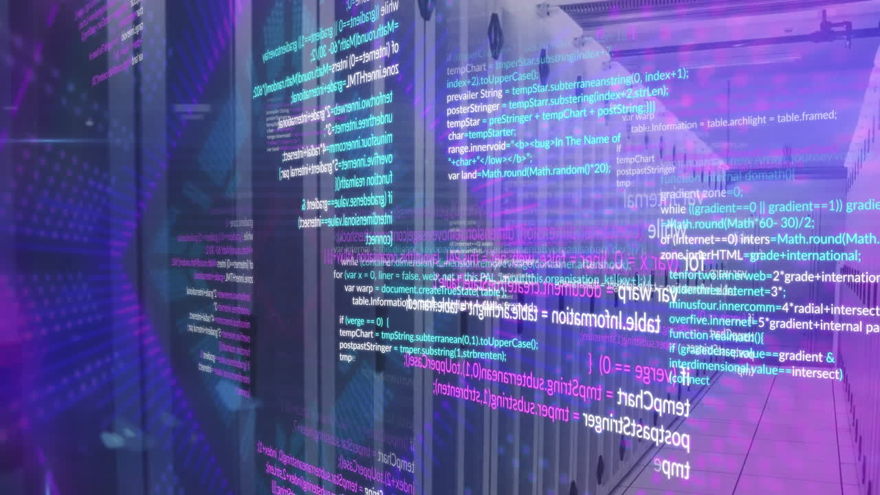 animación del procesamiento de datos y el túnel de neón en un patrón sin fisuras contra la sala de servidores de computadoras