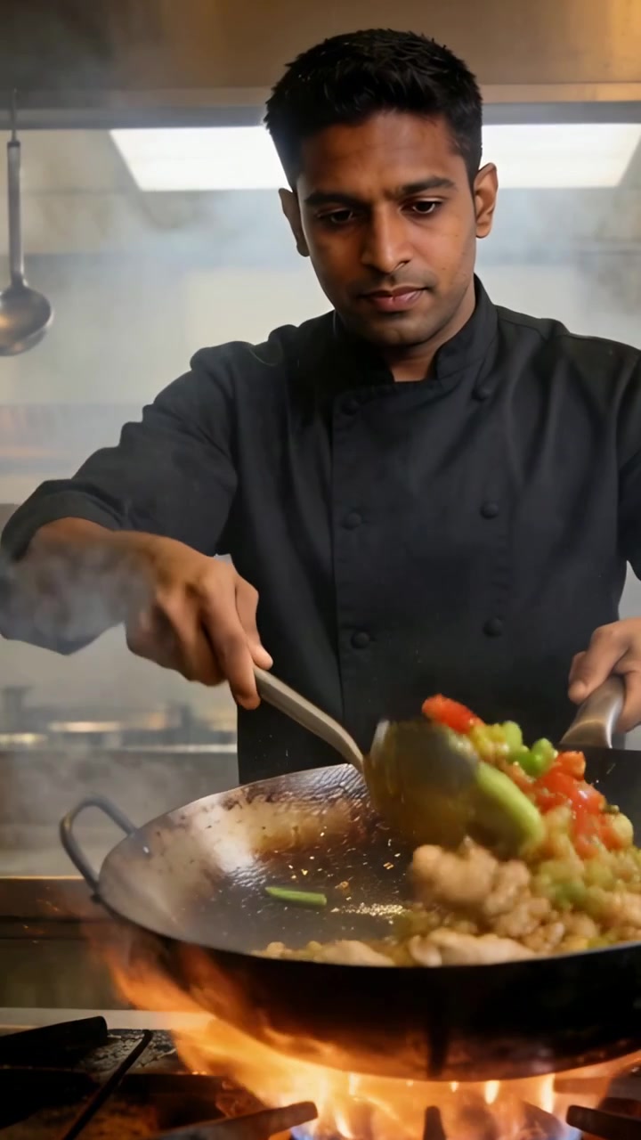 Video verticale: Chef che mescola in giacca nera che reagisce a una fiamma alta sotto il wok sul fornello a gas