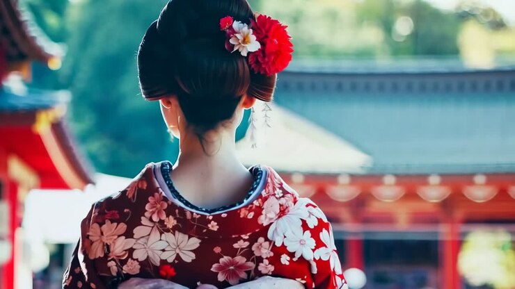 Una donna in kimono rosso e bianco con un fiore nei capelli