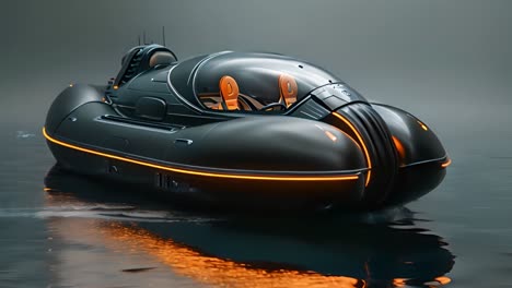 futuristic black concept boat with orange accents on water