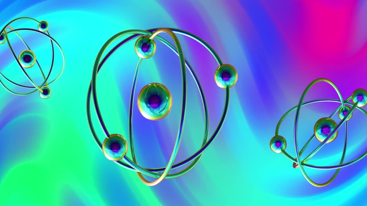 animación de modelos de átomos que giran sobre un fondo vibrante multicolor