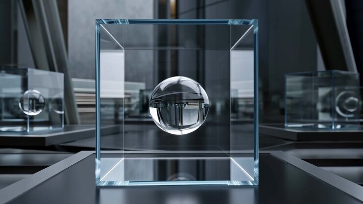 Sfera di vetro sospesa centralmente all'interno di un cubo trasparente in un elegante interno moderno, rivelazione a metà sequenza