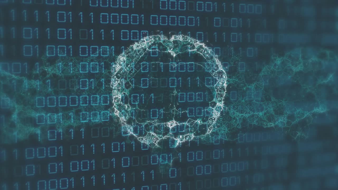 Binary grid flickering showing wireframe brain forming and pulsing data streams for network view