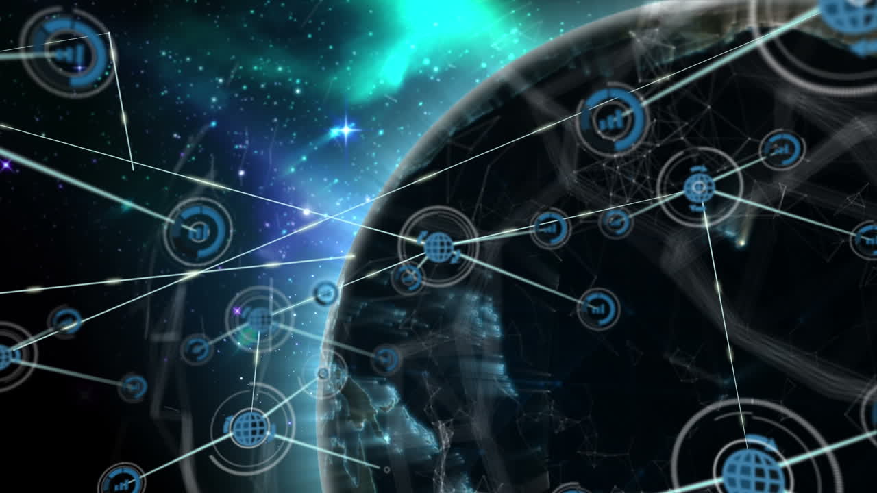 animación de redes de conexiones con iconos en todo el mundo sobre fondo negro