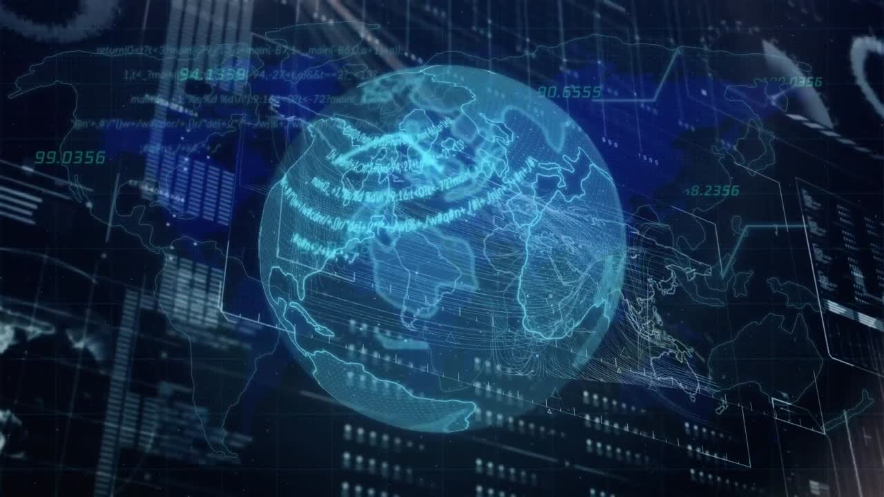 Animation of interface with data processing over spinning globe and world map on blue background