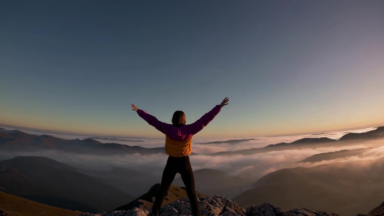Escursionista in piedi sulla vetta di una montagna sopra le nuvole al tramonto