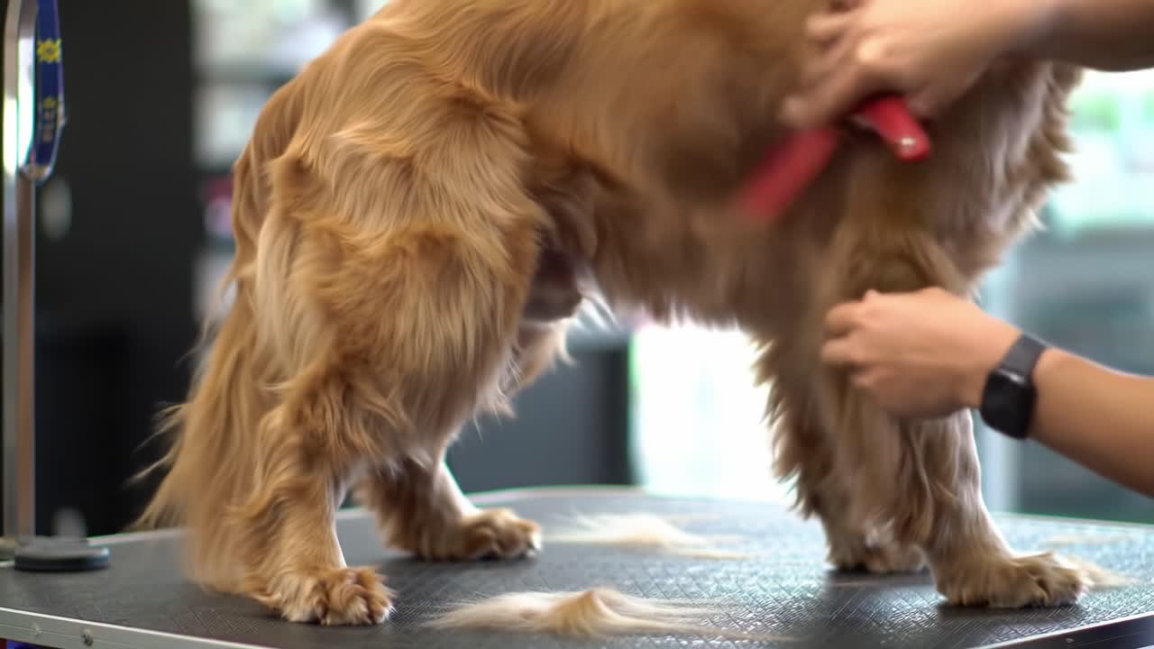 Grooming a Golden Retriever: A Close-Up View of the Professional Grooming Process with Attention to Detail on the Dog's Fur and Overall Care