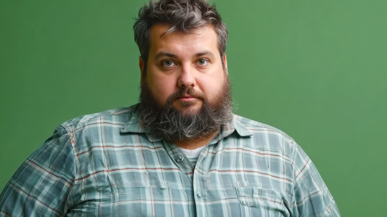 A man with a beard standing in front of a green background