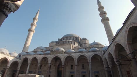 interior of süleymaniye mosque with north facade and forecourt, istanbul in turkey. low angle