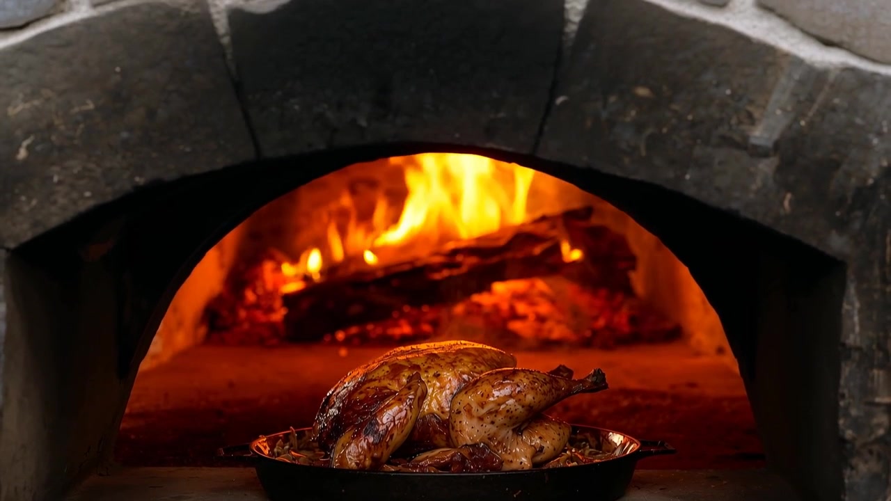 Pollo intero che arrostisce e viene dorato dalle fiamme su una teglia bassa in un forno a mattoni, alimentando il calore per la cottura