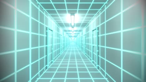 endless white corridor doors neon tron 80s arcade glow loop wireframe matrix 4k