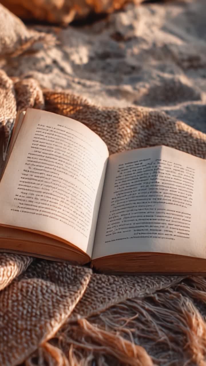 Uno sguardo intimo a un libro aperto su una morbida coperta testurizzata, che cattura l'essenza di tranquilli momenti di lettura in una calda luce naturale