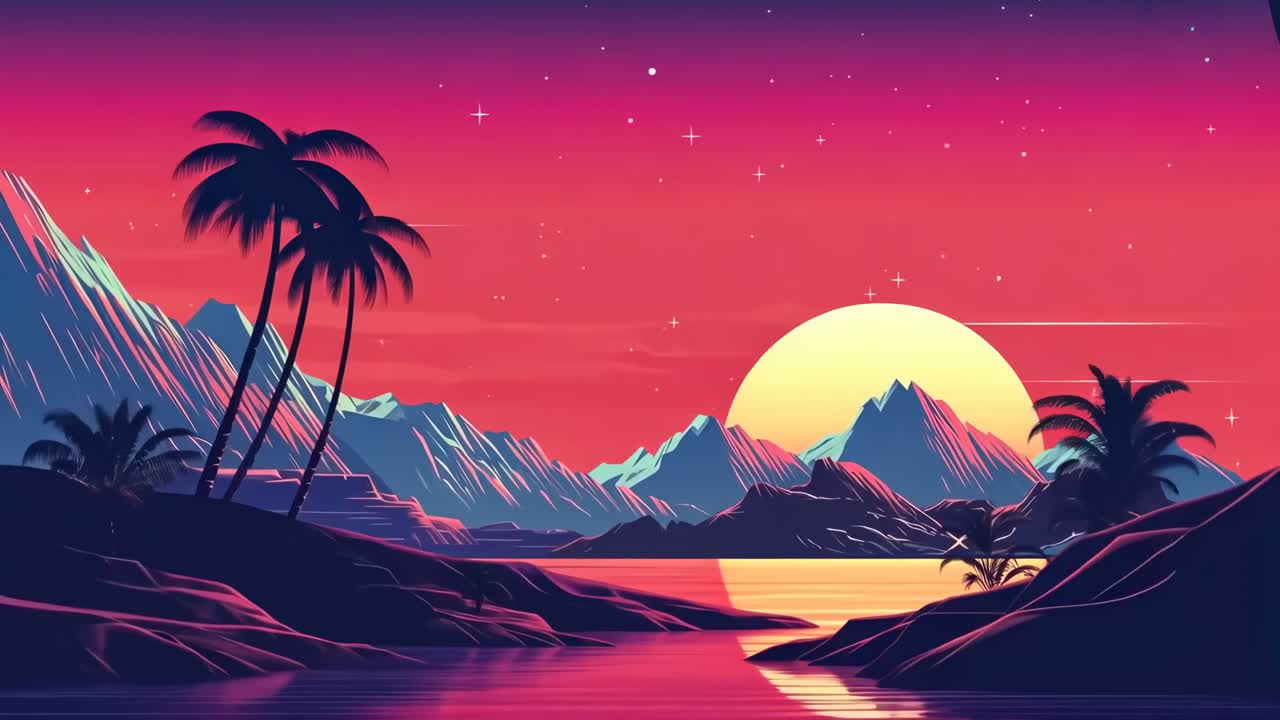 Paesaggio retro-futuristico con visuale dal basso, tramonto vivace e palme