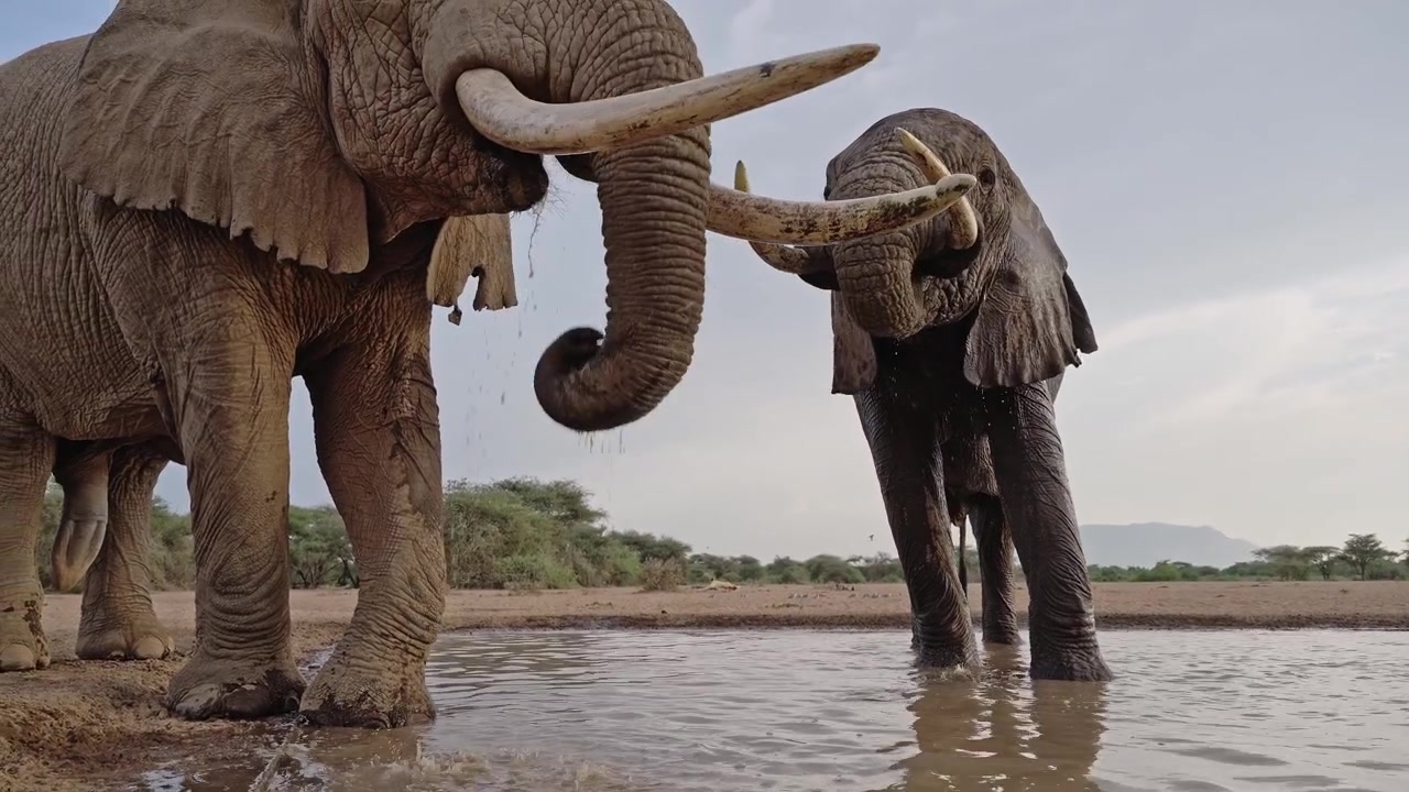 Afrika'da bir yaban hayatı safarisinde, Kenya'daki sulak alanda su içen fillerin yakın çekimi; su sıçratan büyük erkek fil boğaları, büyük fildişlerinin alçak açısı ve süper fildişliler.