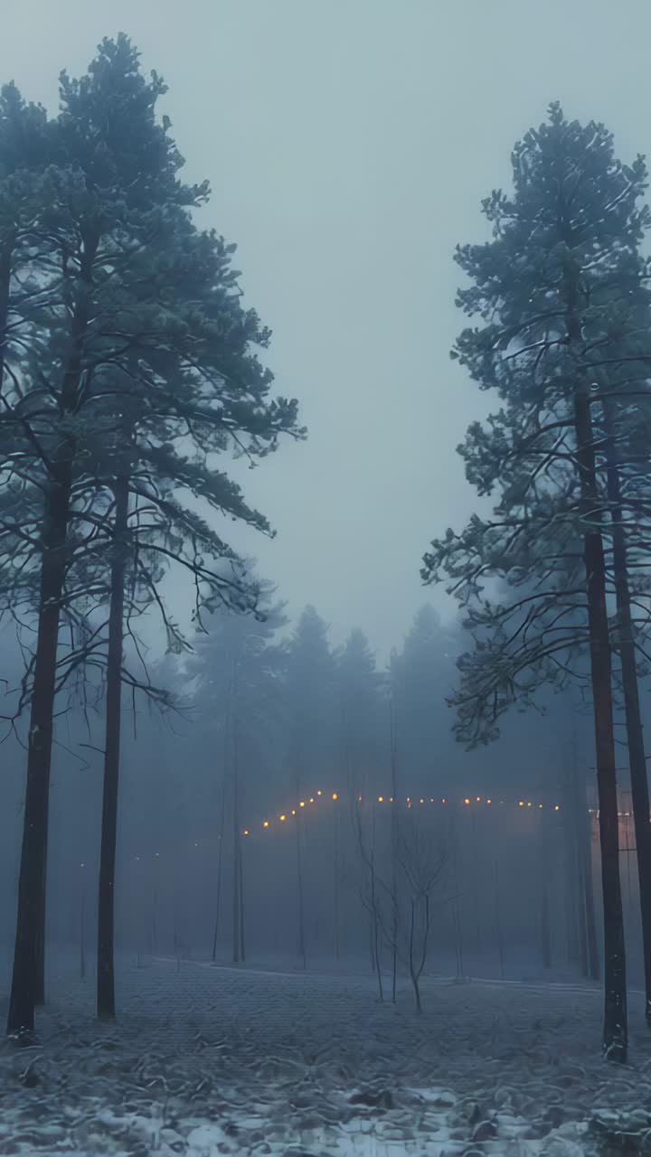 Vertical video: Tilting camera revealing two pines in foggy clearing at dawn, showing string lights