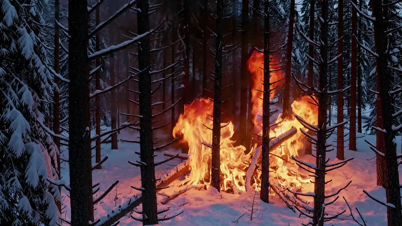 A dramatic video still of a forest fire, captured at eye level, showing flames engulfing