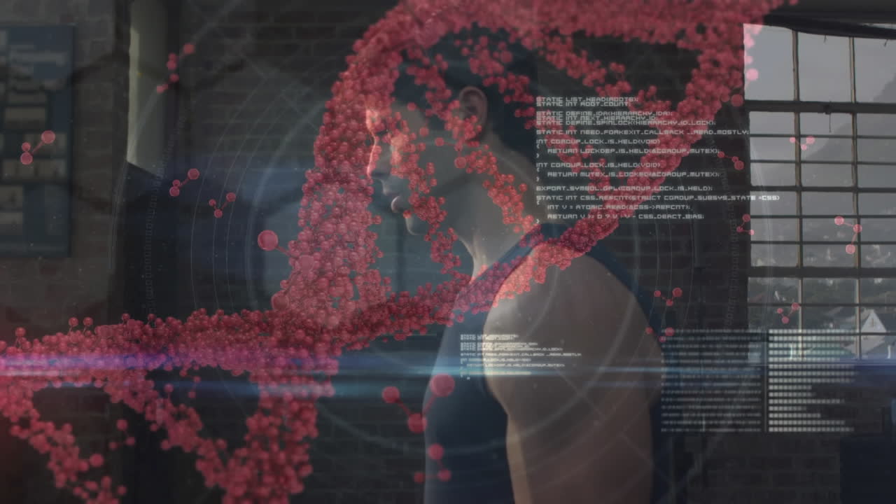 dna 구조 회전과 데이터 처리 백인 체력있는 남자가 체육관에서 덤벨 컬을 수행합니다.