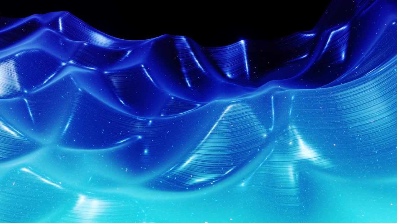 fantastical festive blue bg. Stylish abstract looped background, waves move on glossy surface like landscape made of liquid blue wax with sparkles. Beautiful soft background with smooth animation 4k