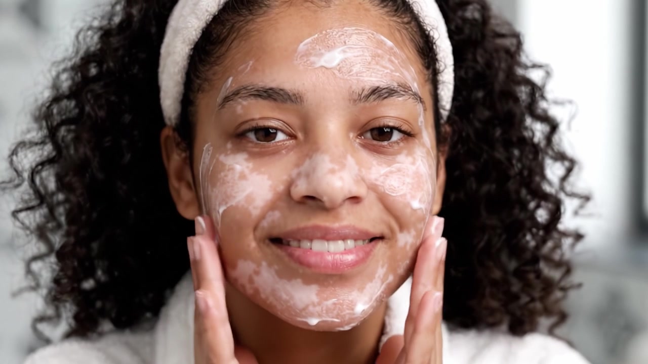 A Young Woman Engaged in a Facial Cleansing Routine, Applying Gentle Cleansing Foam to Her Face for Skin Care and Refreshment