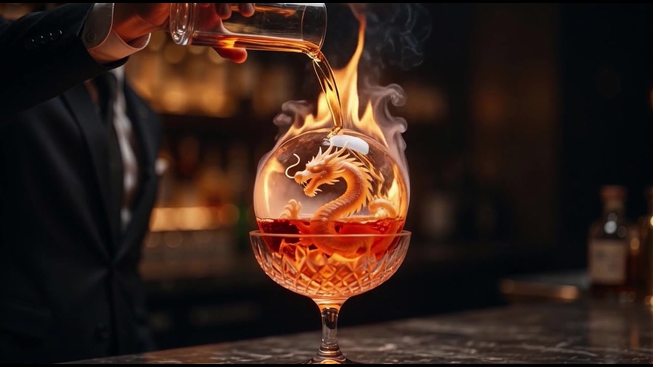 Barman che versa un cocktail fiammeggiante con scultura di ghiaccio a forma di drago