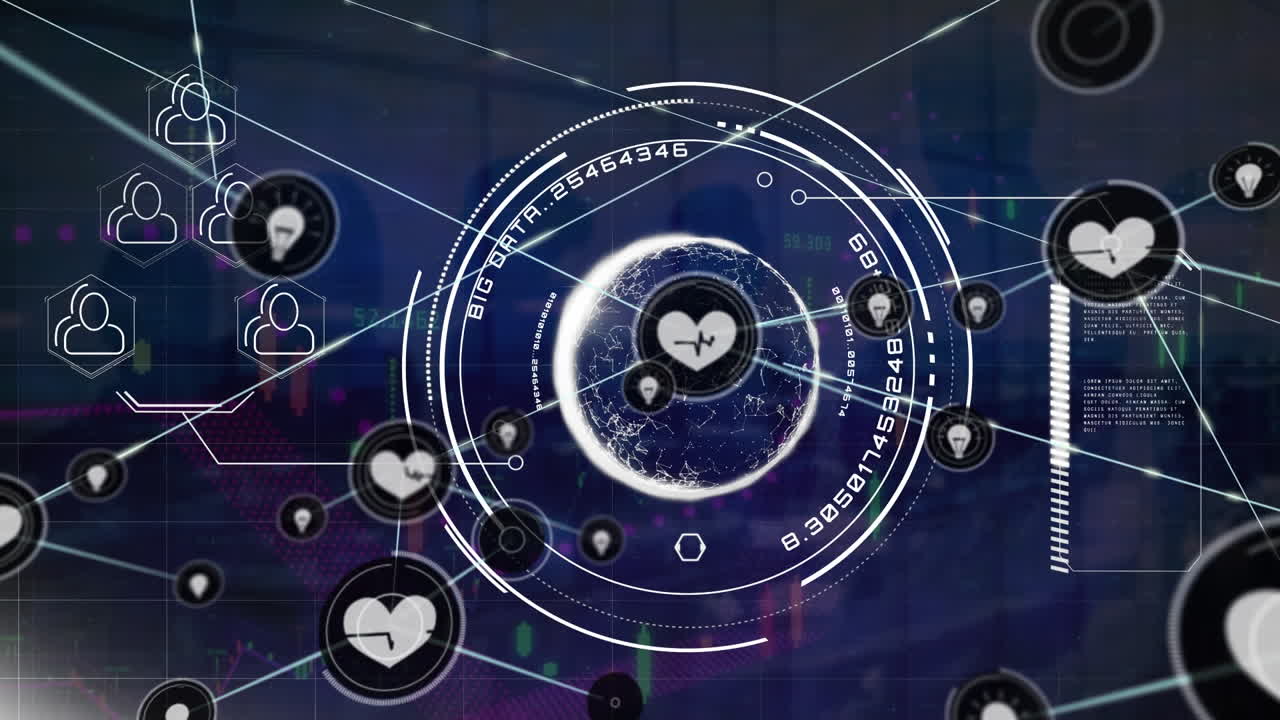 animación de una red de iconos digitales sobre una interfaz con procesamiento de datos contra un fondo azul.