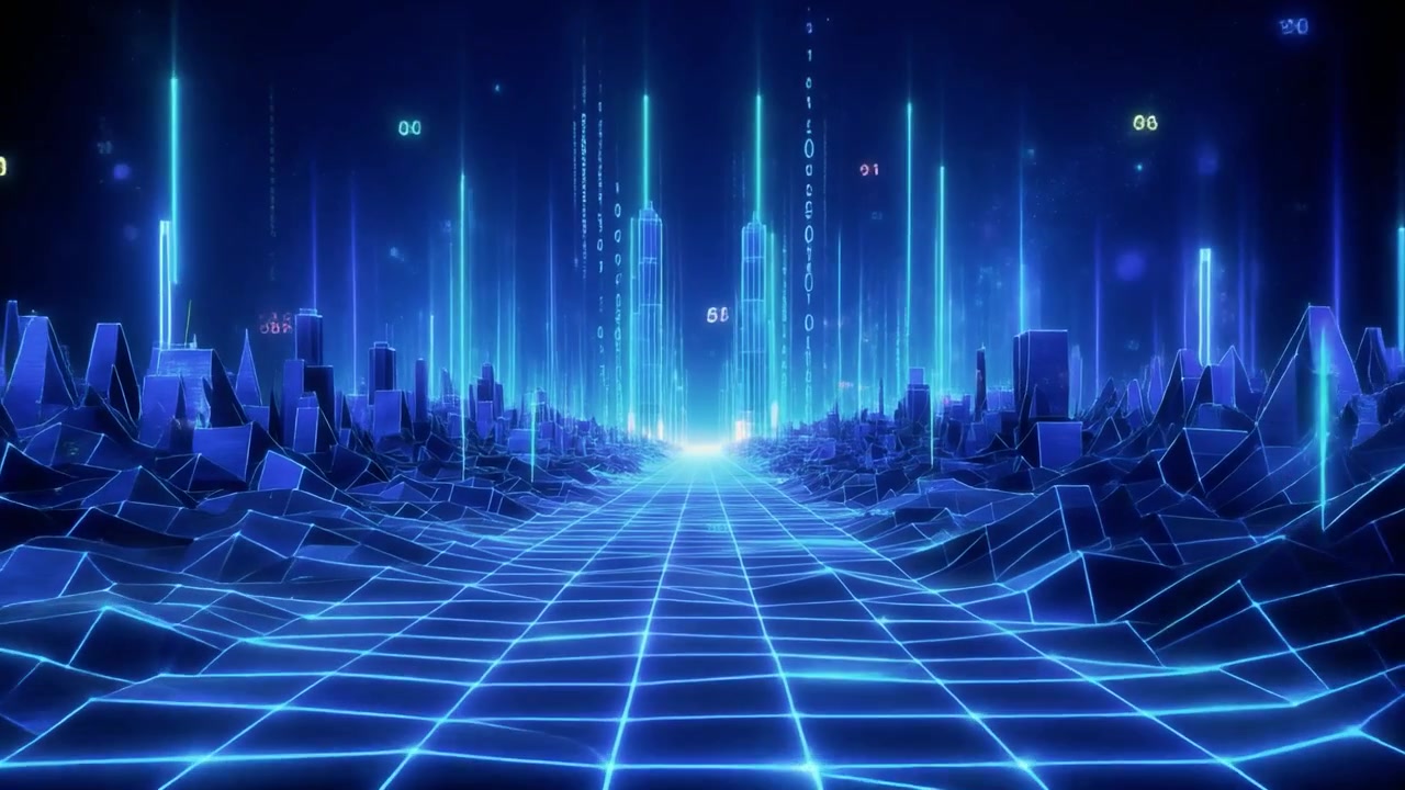 光るデータストリームとグリッドフロアのある未来的なデジタル都市景観
