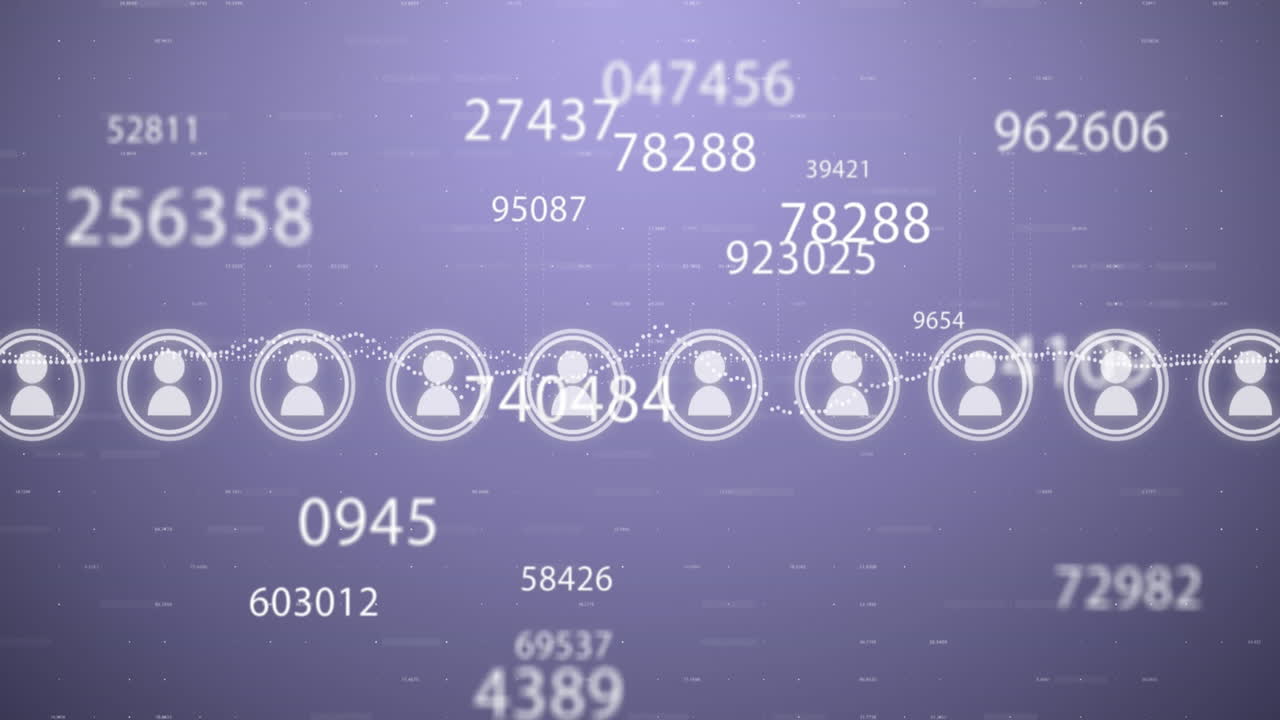 animación de iconos, números y procesamiento de datos financieros sobre un fondo púrpura