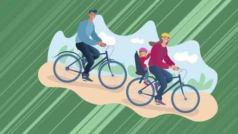 animation of happy family cycling over lines on green background