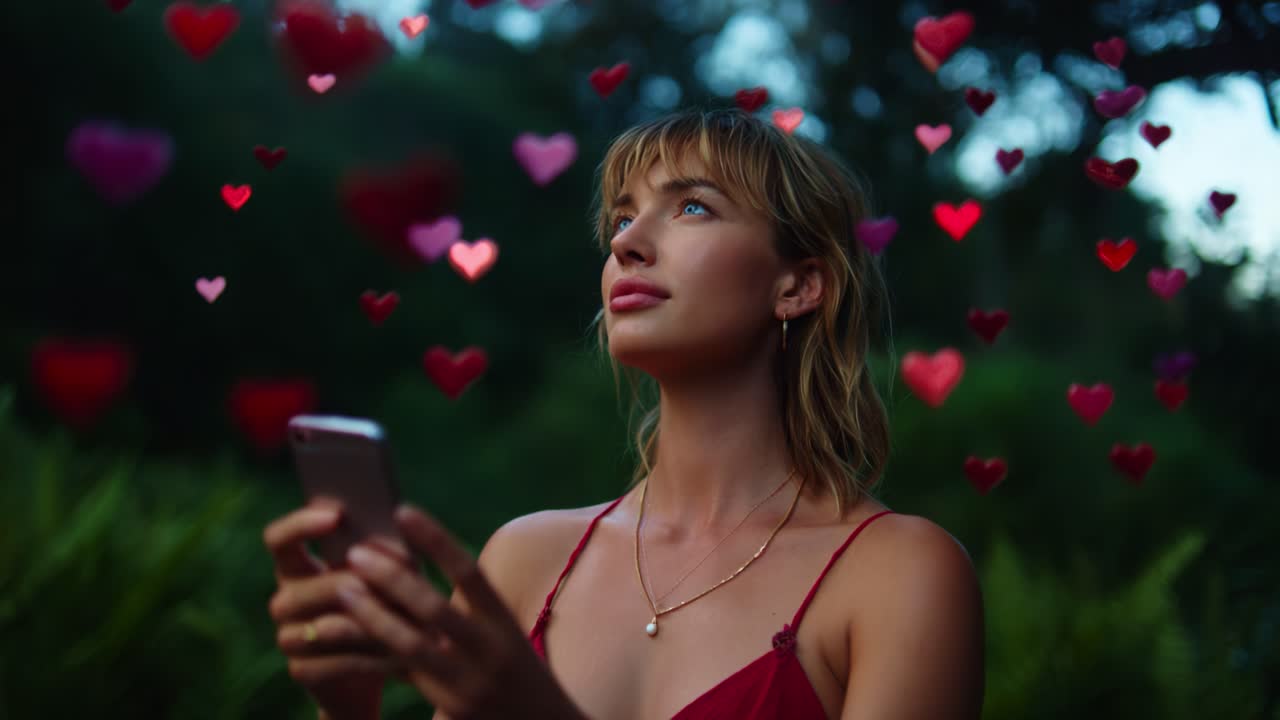 Captivating Moments: A Young Woman in a Romantic Ambiance Surrounded by Floating Hearts While Engaging with Her Smartphone, Evoking Feelings of Love and Connection in a Beautiful Natural Setting