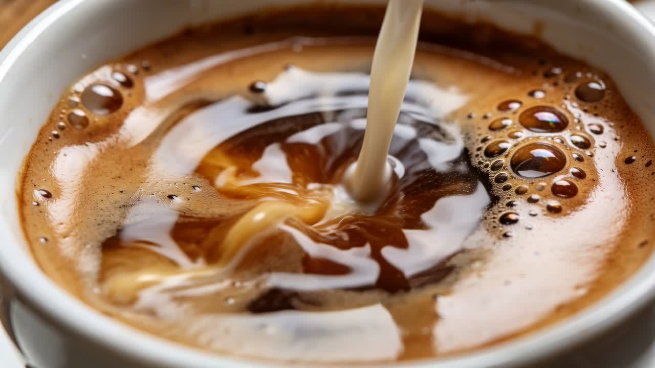 Versando un sottile filo di latte in una tazza di ceramica bianca di espresso su un tavolo di legno, formando una marmorizzazione di crema.