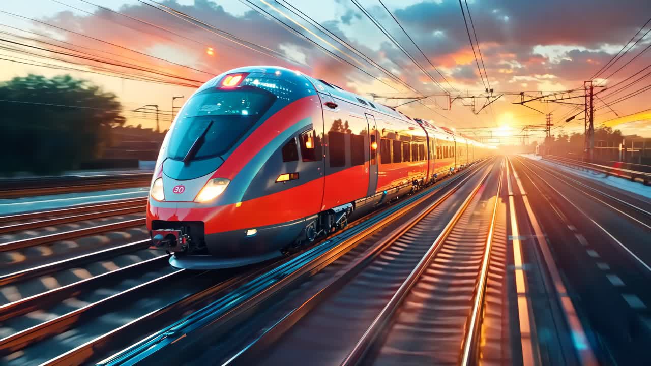 A train is speeding down the tracks with a red and blue stripe. The train is surrounded by a bright orange and yellow sky, creating a sense of motion and energy