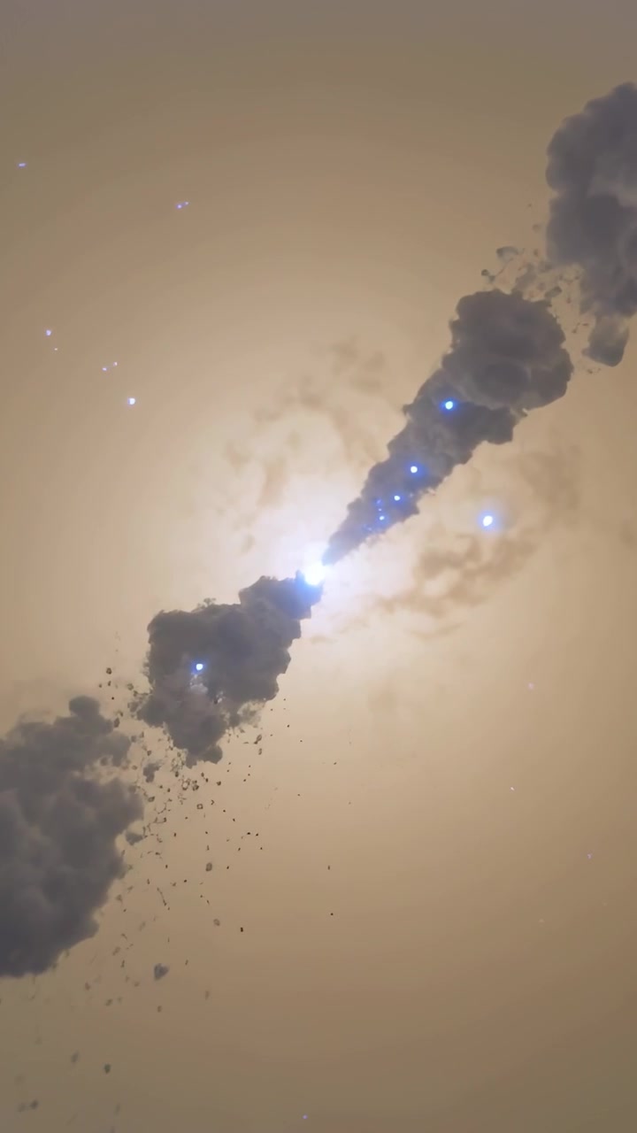 Video verticale: Pennacchio di fumo diagonale che si assottiglia e perde polvere in un cielo caldo, con il sole che crea bagliori e punti blu.