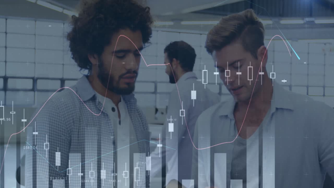 Animation of financial data processing over business people in office
