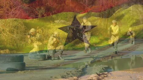 animation of flag of ghana over diverse soldiers