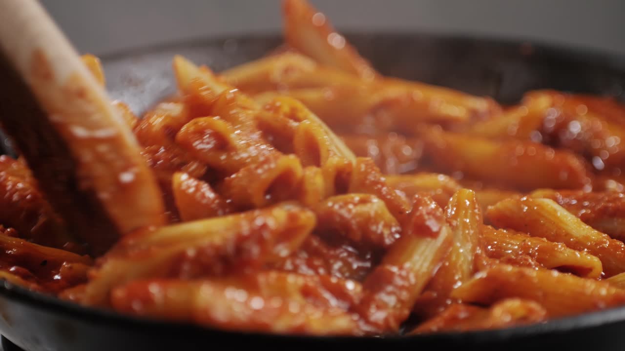 Cooking traditional arrabbiata pasta, penne with tomato sauce close-up. Cook classic homemade Italian tomato sauce for pasta and pizza in the pan. Chef cooks traditional Italian food. High quality 4k footage