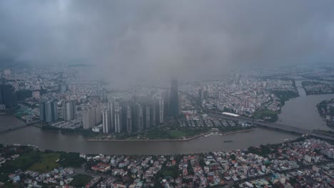 ho chi minh city hyperlapse aerial view of landmark building, saigon river, dramatic sky during the day and boat traffic on water