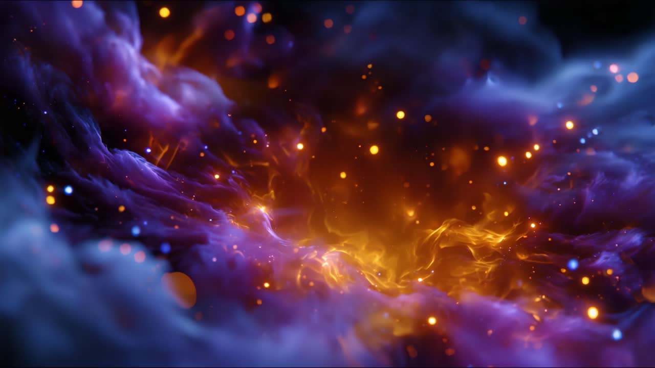 Um turbilhão cósmico fascinante de cores vibrantes, com roxos profundos, laranjas ricos e partículas brilhantes que criam uma atmosfera celestial mágica