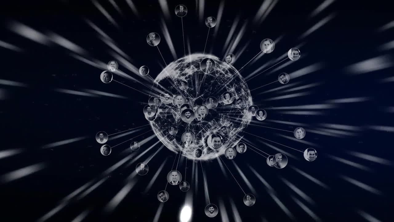 라디얼 선으로 빛나는 지구 위에 연결된 얼굴 네트워크 애니메이션