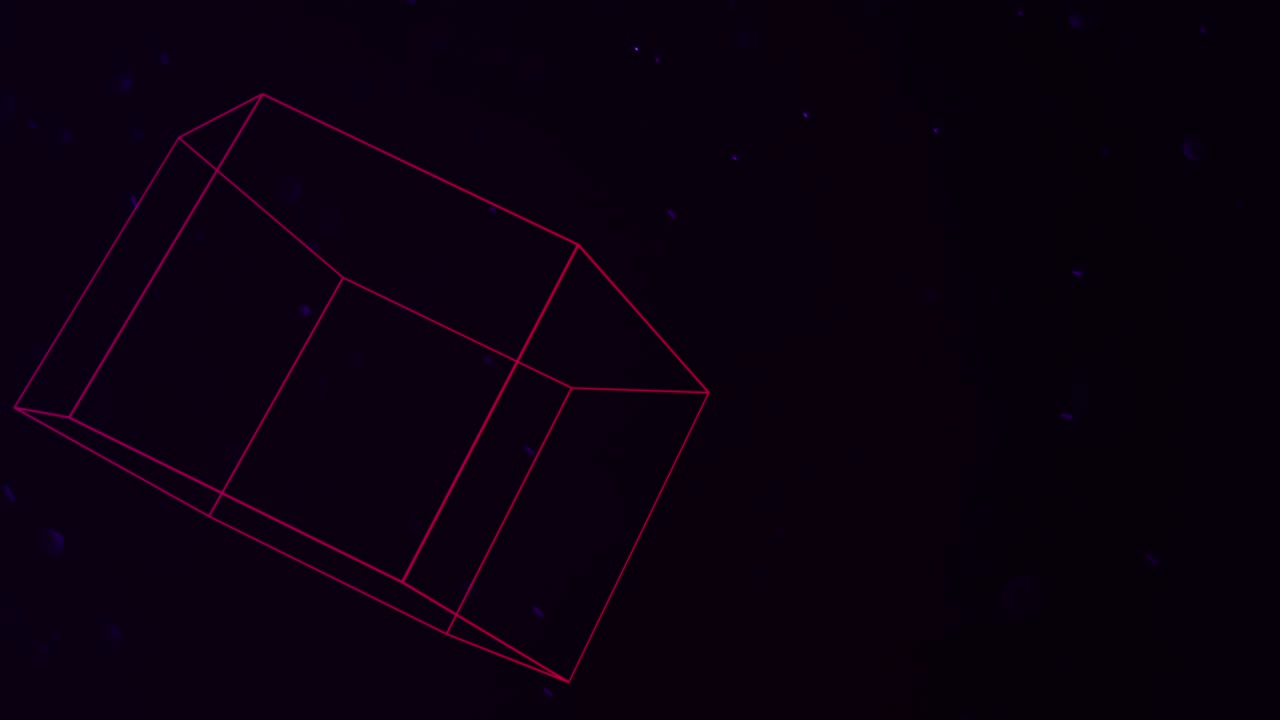 플라이 글리터가 있는 어두운 공간의 추상 기하학적 큐브