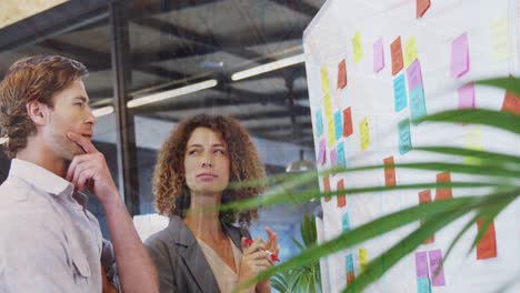 Composite-video-of-office-ceiling-against-caucasian-man-and-woman-discussing-over-memo-notes