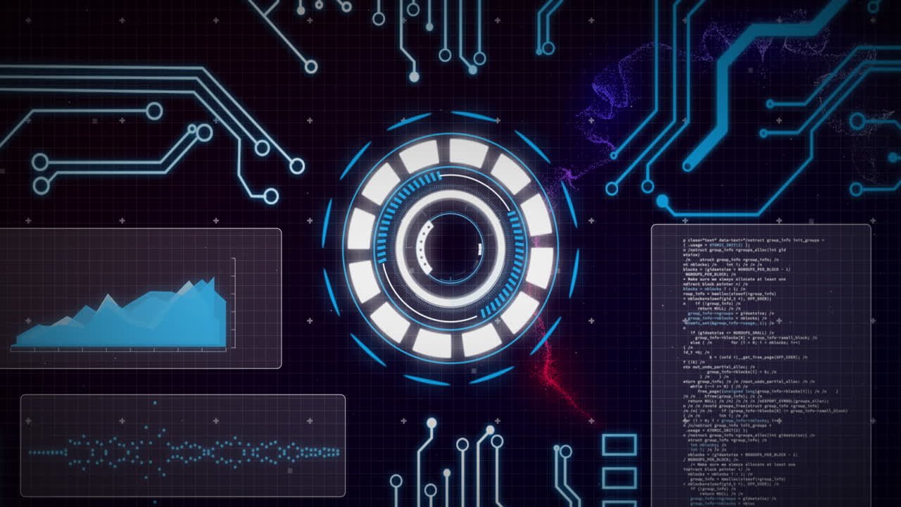 Animation of circular scanner and processing data on interface over motherboard on black background