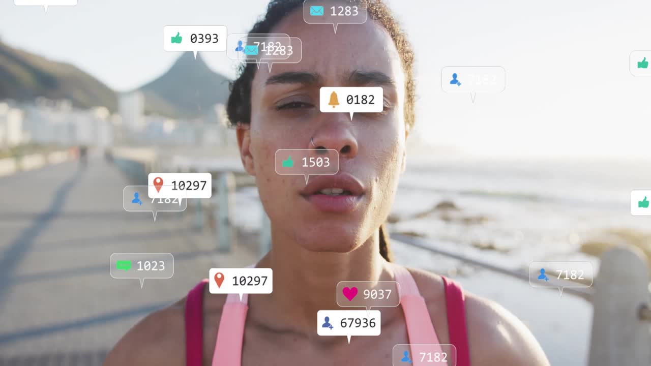 Female runner sprinting along boardwalk and generating thumbs-up icons displaying social metrics