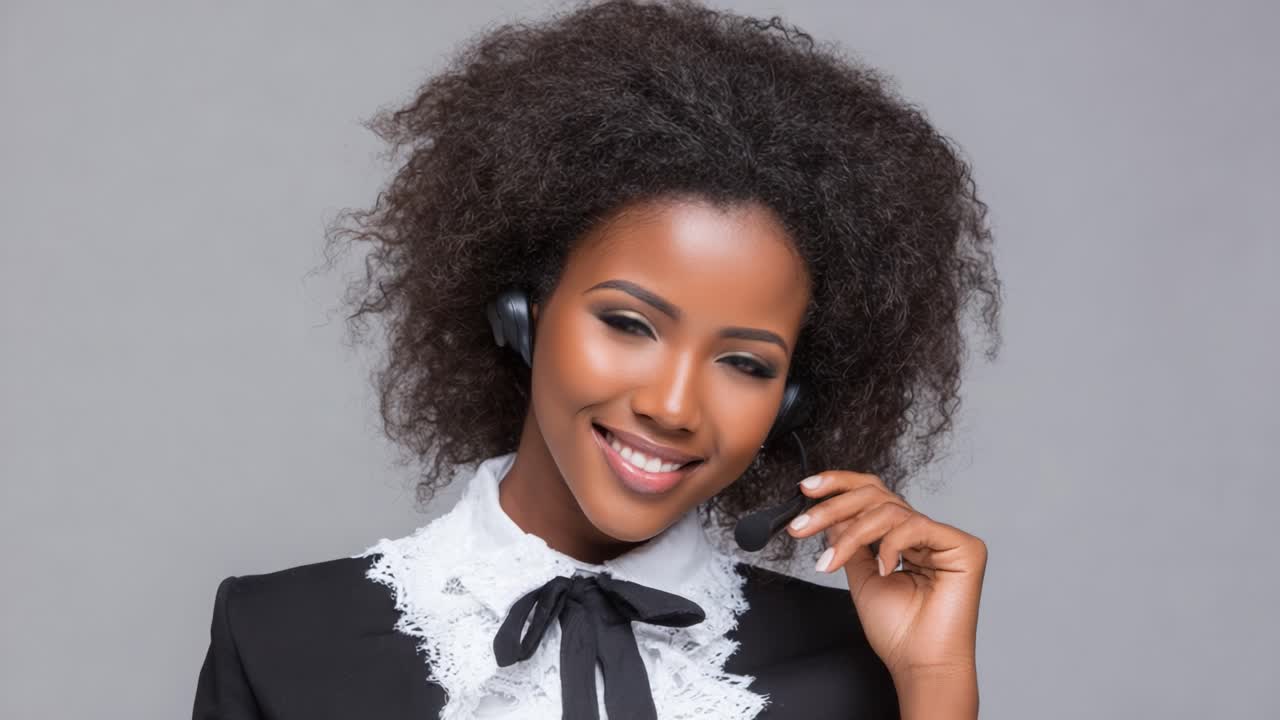 A confident professional woman wearing a headset, smiling warmly at the camera, engages with a positive demeanor, showcasing the essence of customer service and communication skills