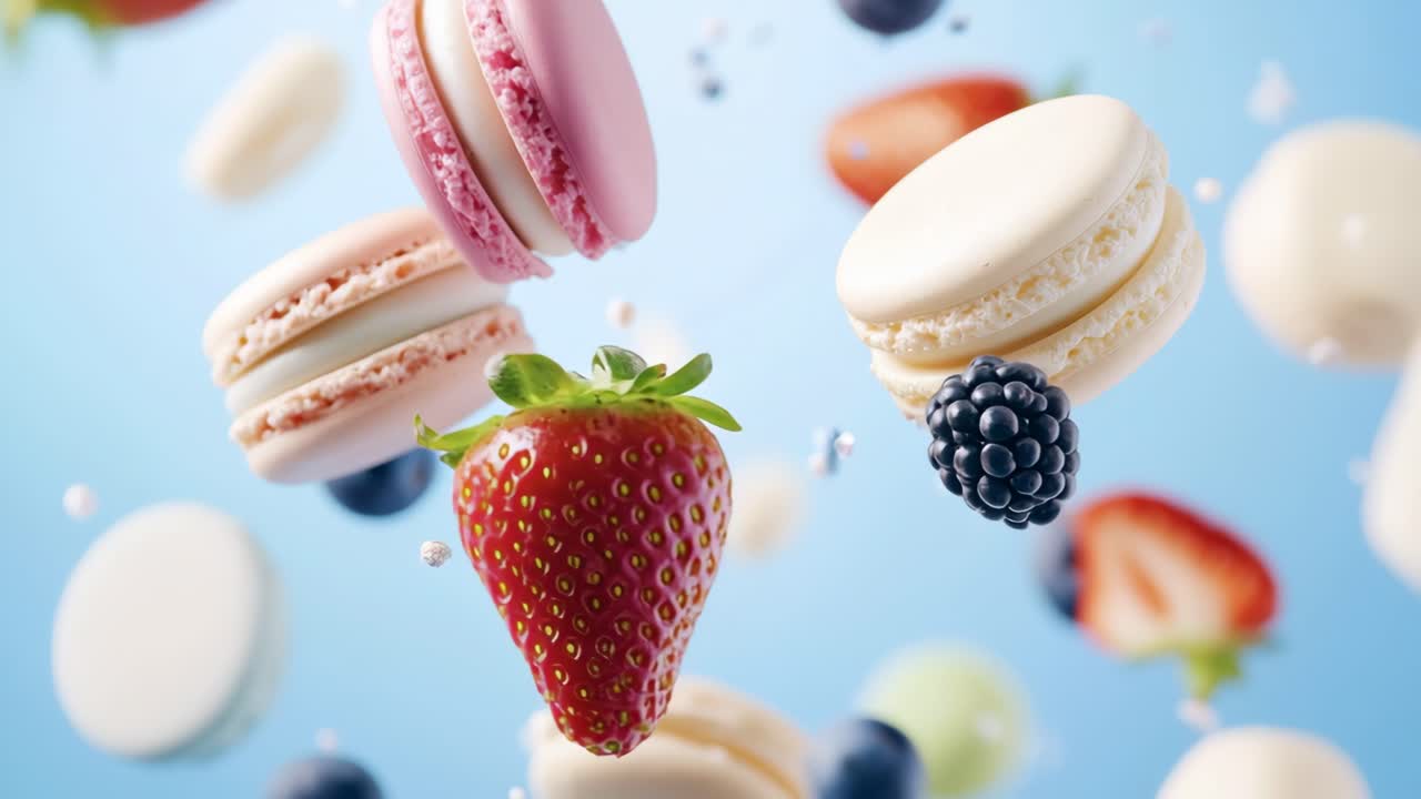 Colorful macarons and berries in mid-air. Colorful macarons and fresh berries pop against a vibrant blue background, highlighting these sweet treats.